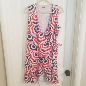 Lands End Womens Wrap Dress MED Sleeveless Stretchy Logo Cover Up Red White Blue